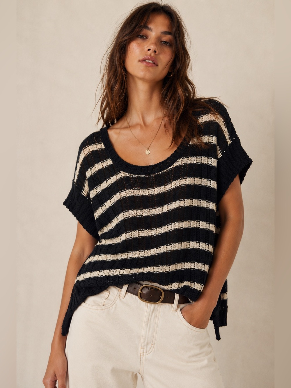 Free People Black & Cream Open Knit Striped Short Sleeve Sweater | Size M